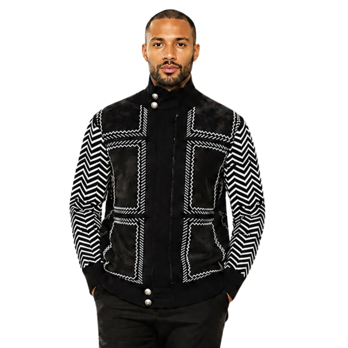 Men's black suede patch zip sweater with black and white chevron sleeves
