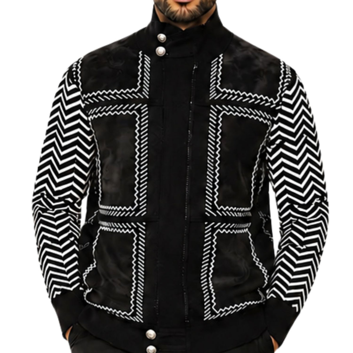 Men's black suede patch zip sweater with black and white chevron sleeves