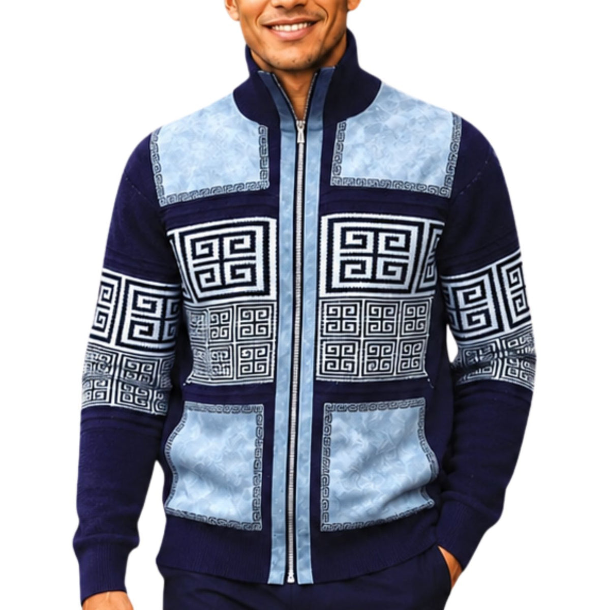 SilverSilk 31003 navy greek key suede embroidered full-zip sweater - detail view