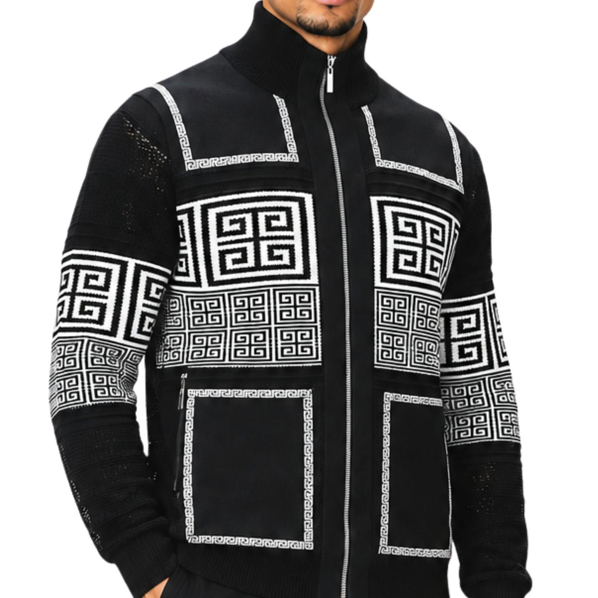 SilverSilk 31003 black greek key suede embroidered full-zip sweater - detail view