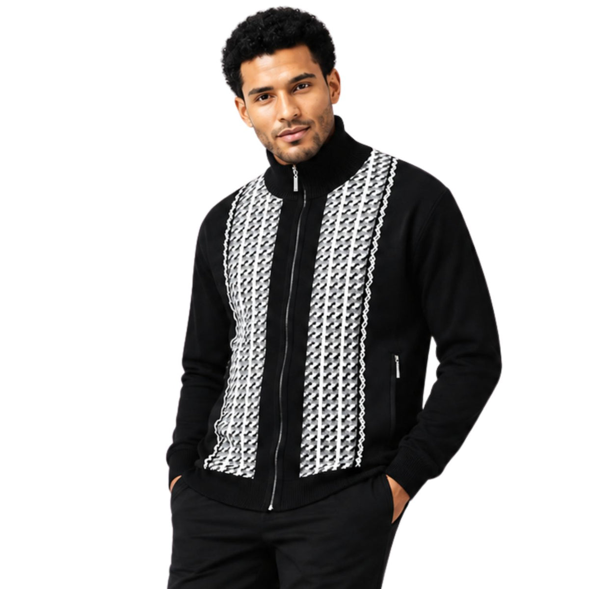 SilverSilk 31021 black jacquard front suede full-zip sweater