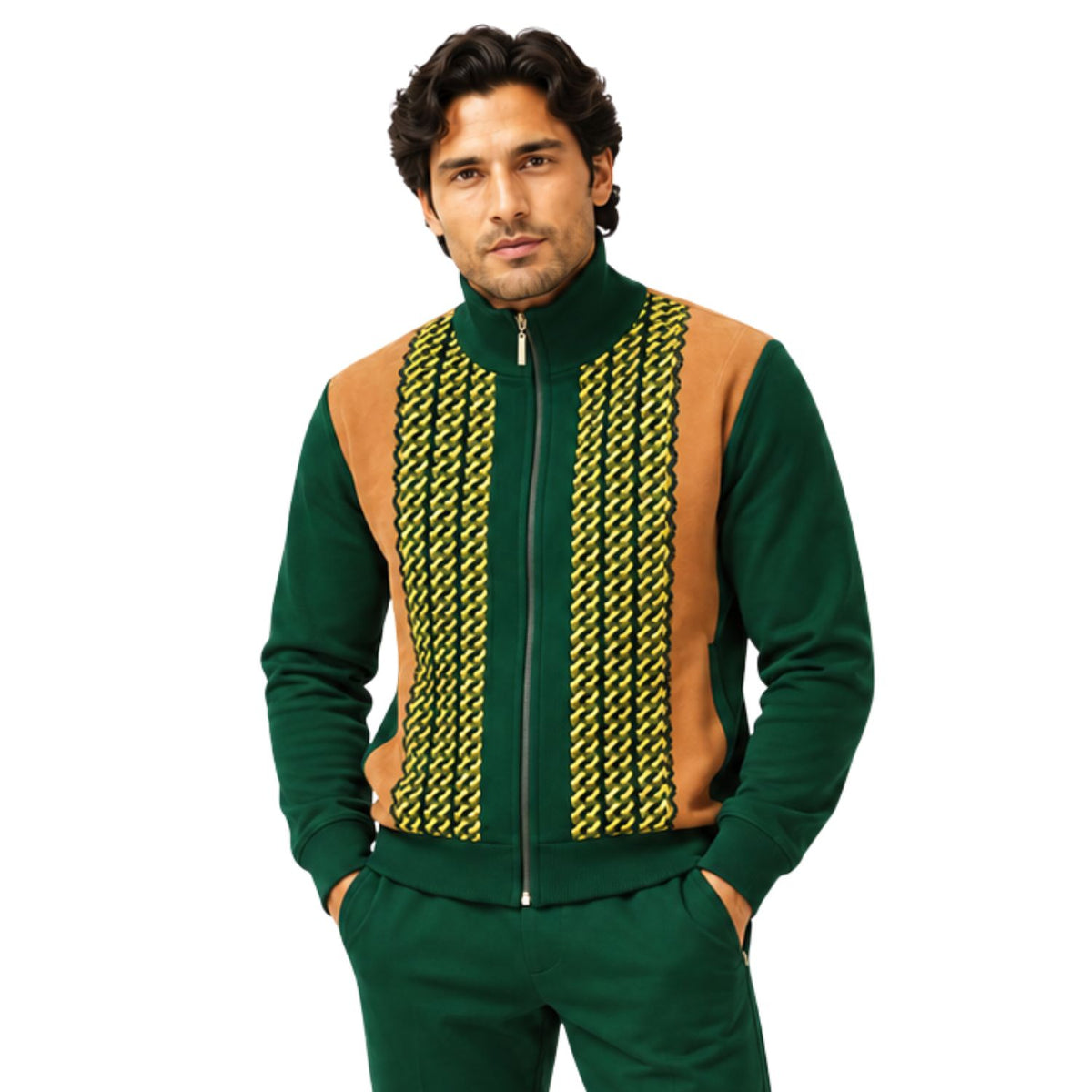SilverSilk 31021 evergreen jacquard front suede full-zip sweater