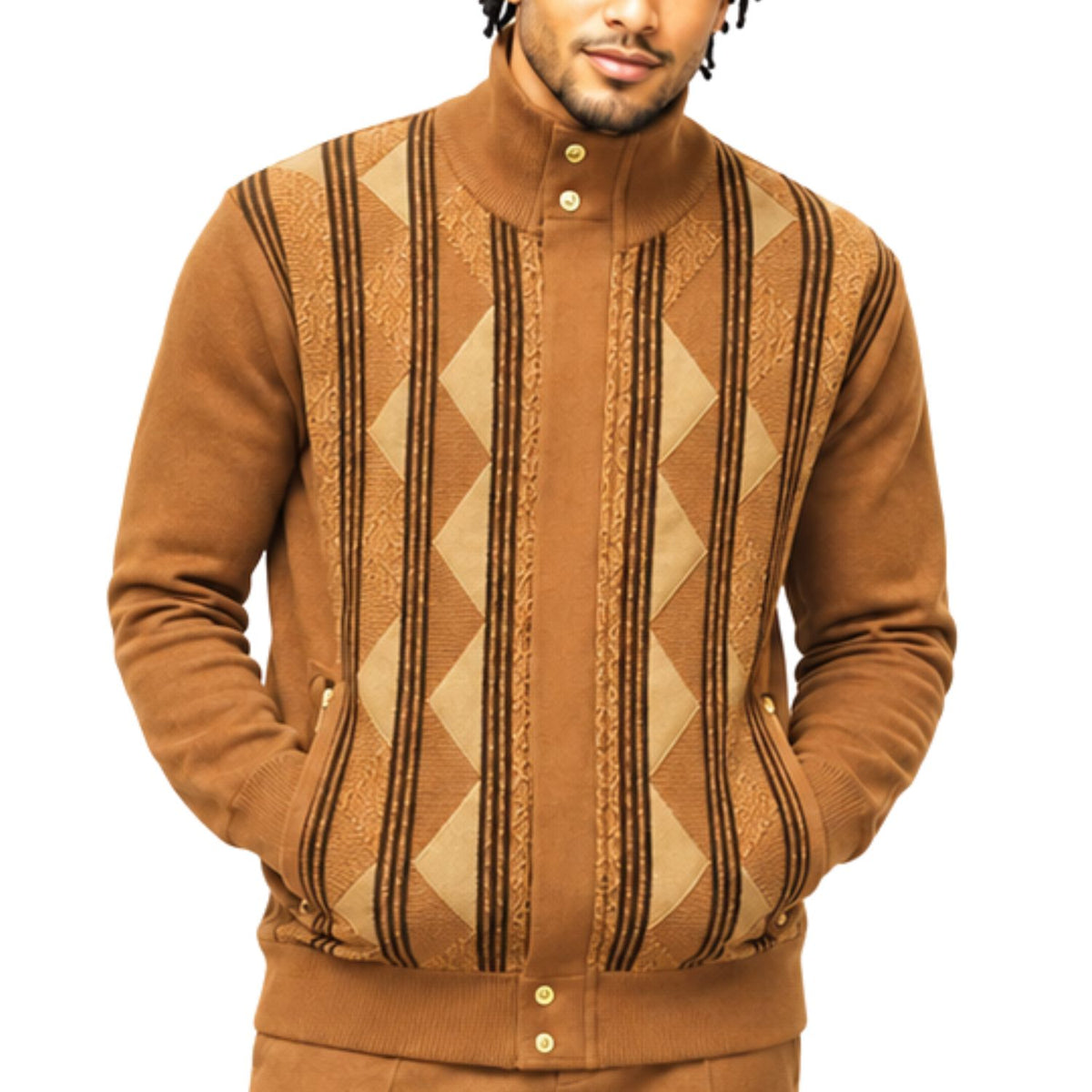 SilverSilk 31019 brown diamond suede front full-zip sweater - detail view
