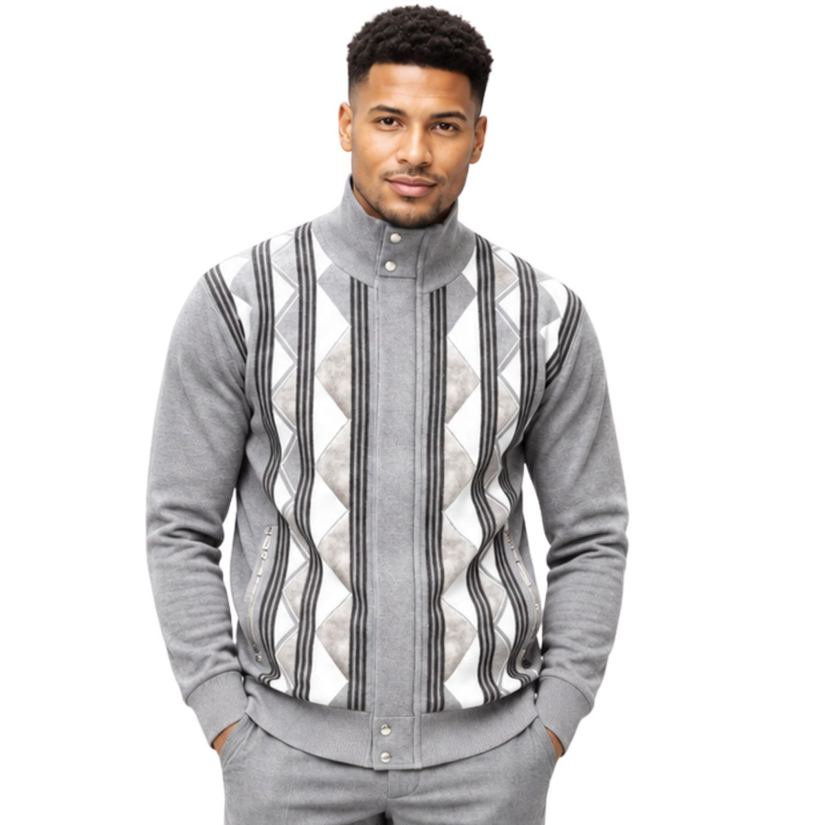 SilverSilk 31019 grey diamond suede front full-zip sweater