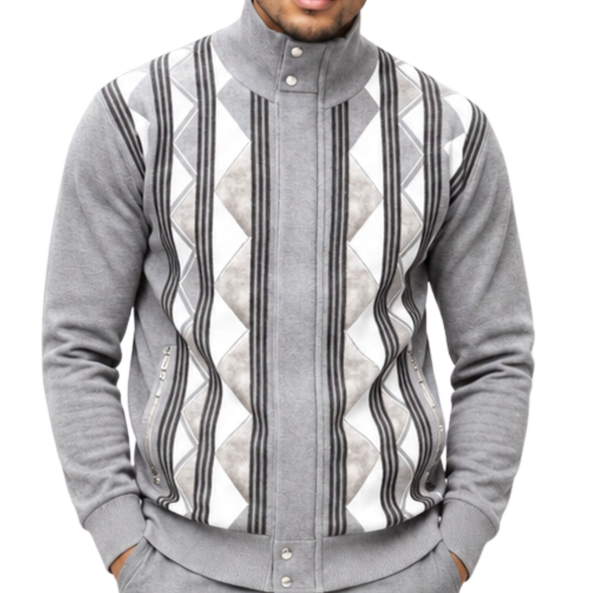 SilverSilk 31019 grey diamond suede front full-zip sweater - detail view