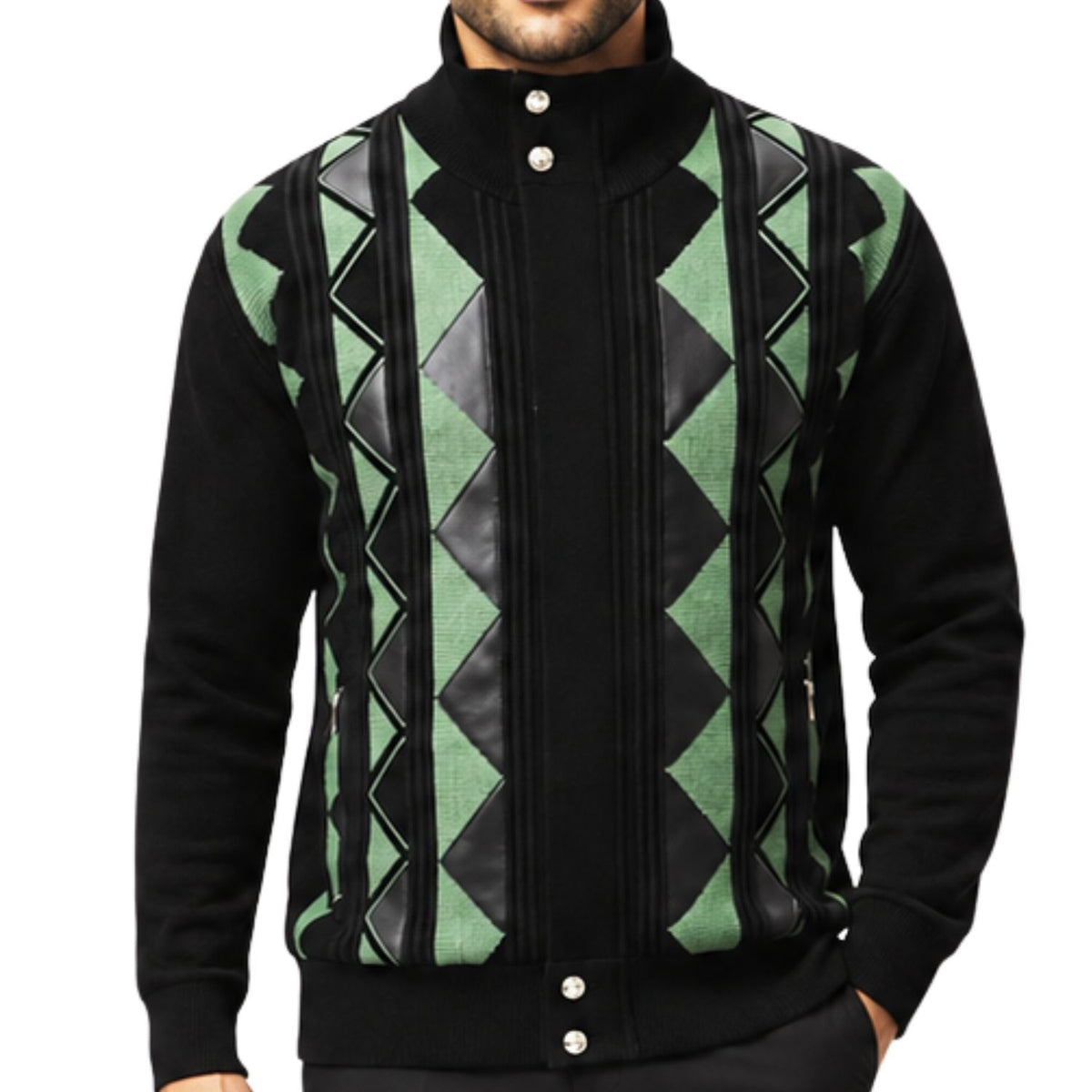 SilverSilk 31019 black/green diamond suede front full-zip sweater - detail view