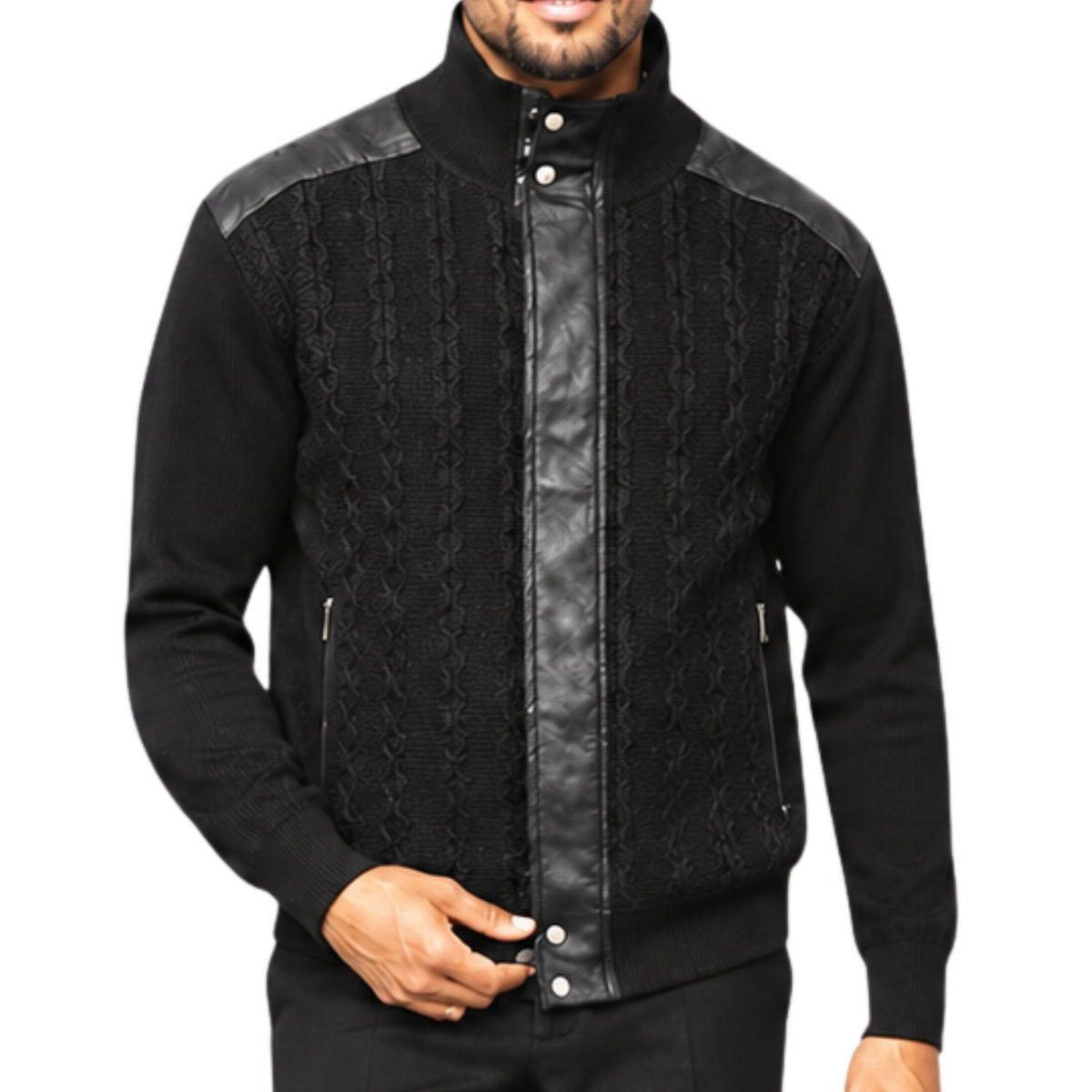 SilverSilk 31022 black tonal suede front full-zip sweater - detail view