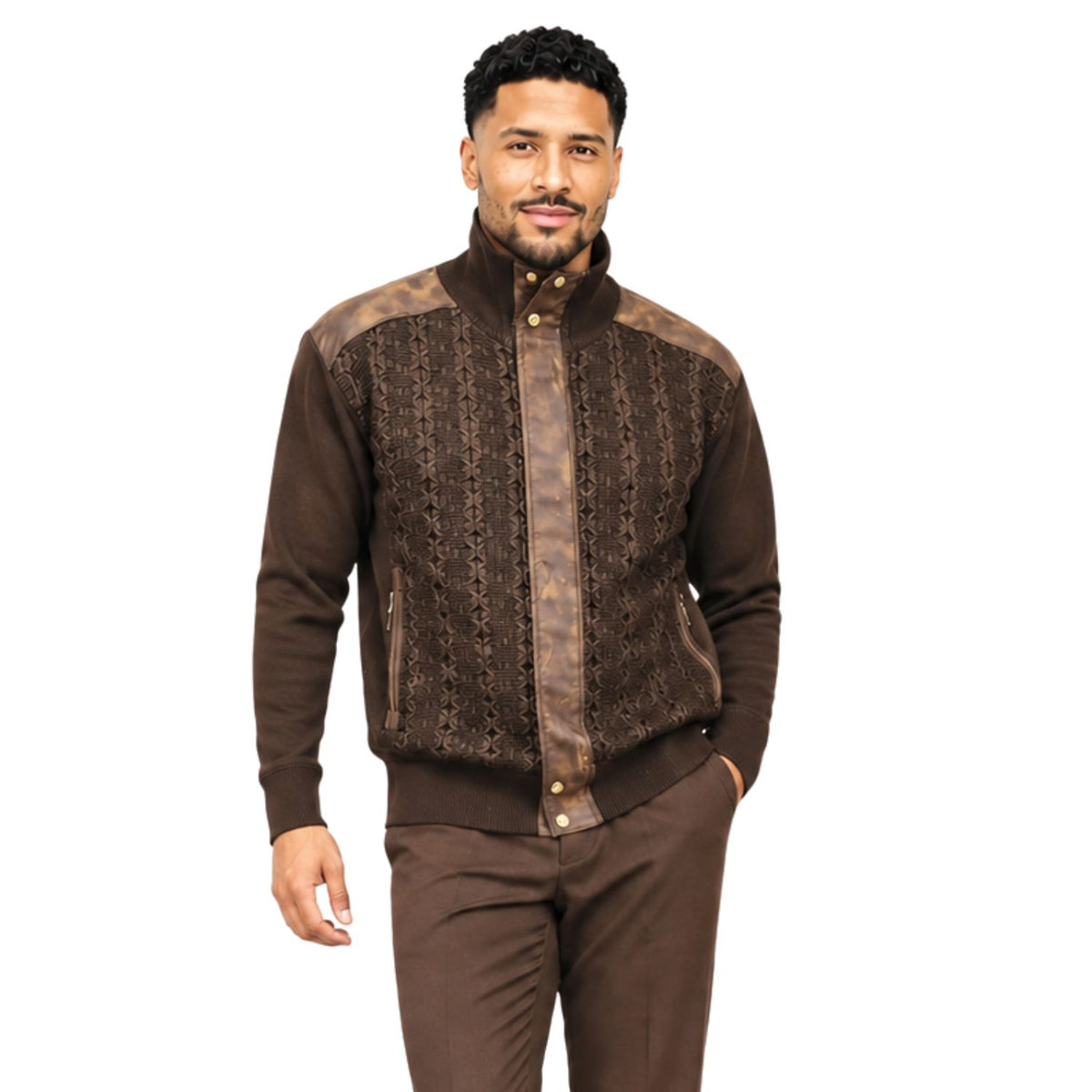 SilverSilk 31022 brown tonal suede front full-zip sweater