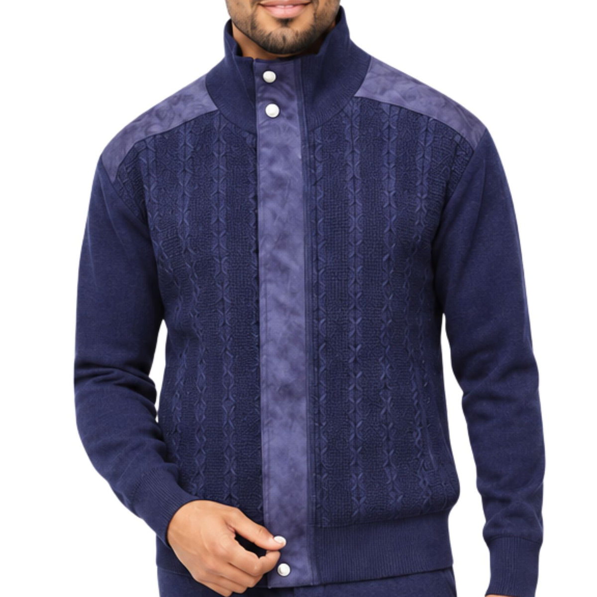 SilverSilk 31022 navy tonal suede front full-zip sweater - detail view