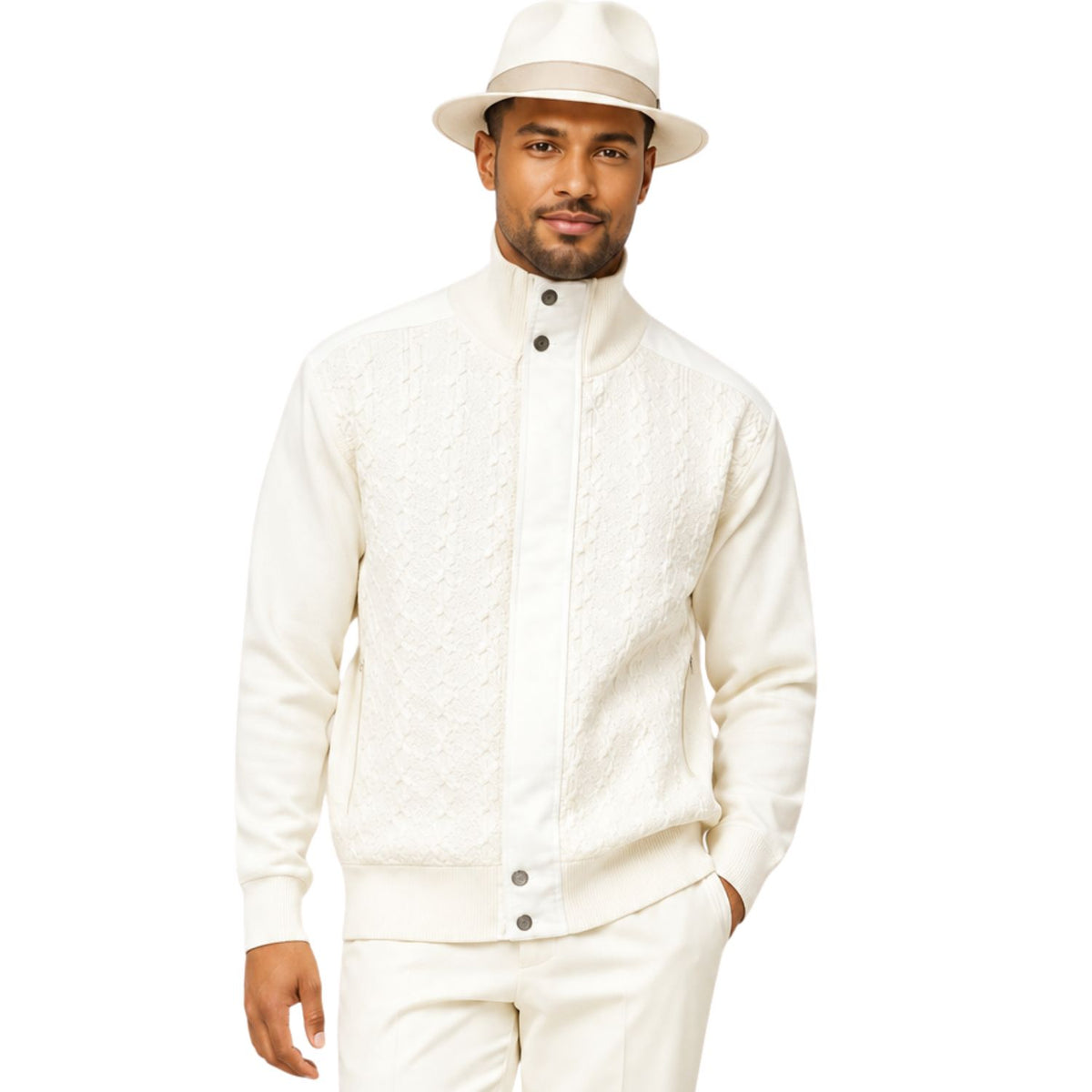 SilverSilk 31022 cream tonal suede front full-zip sweater