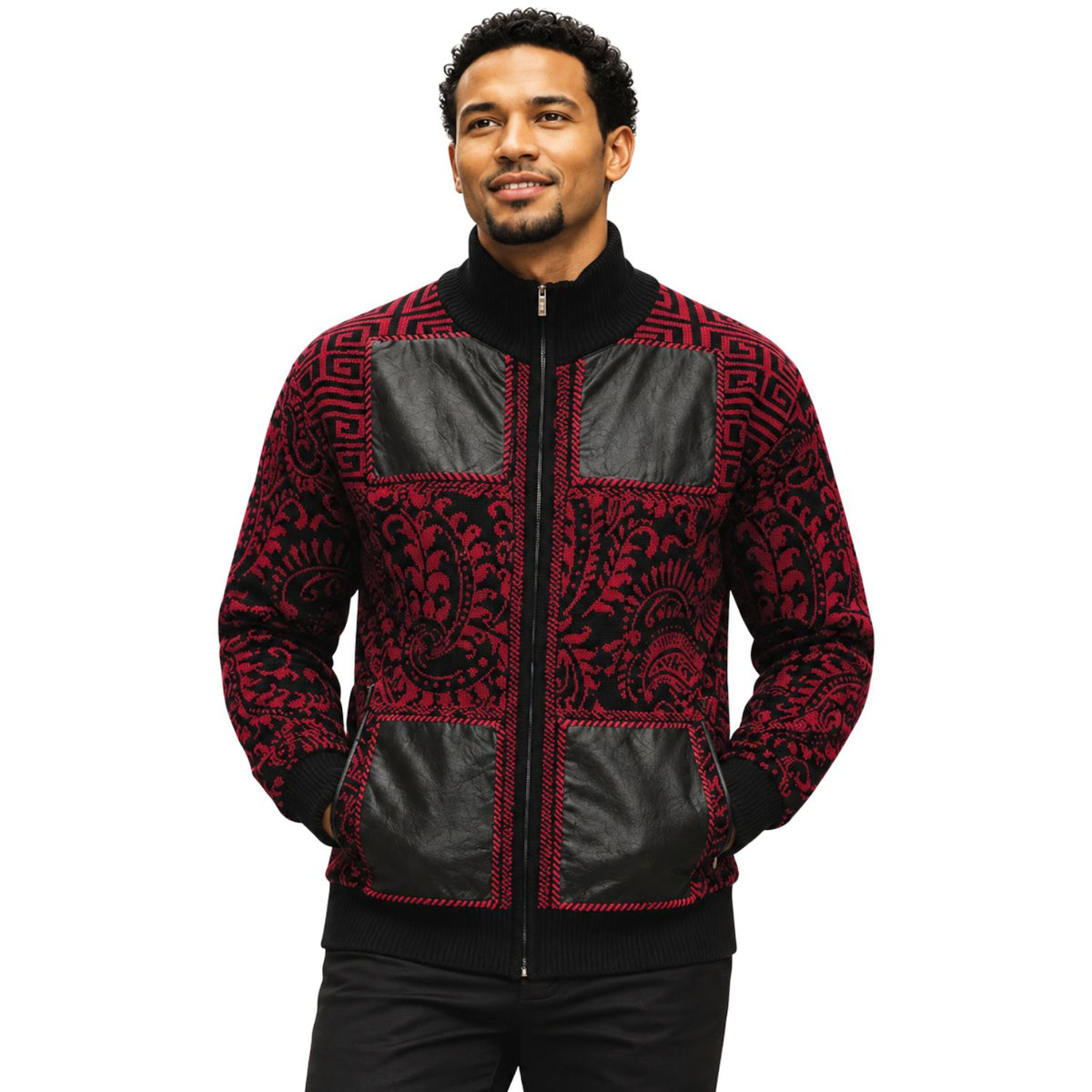 SilverSilk 31018 black paisley key suede full-zip sweater