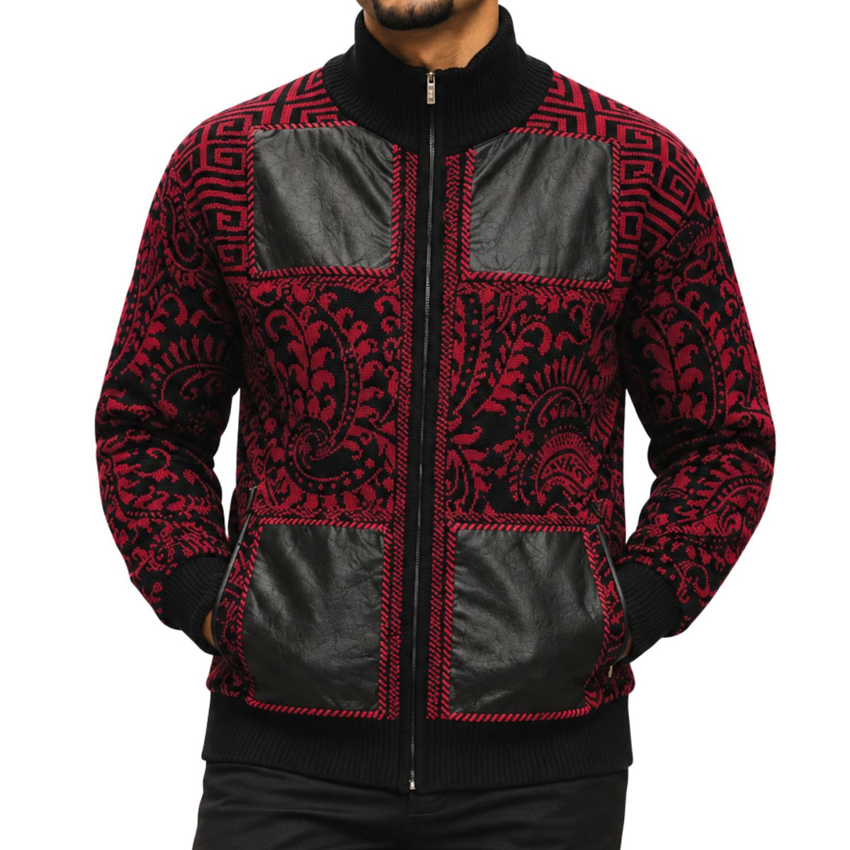 SilverSilk 31018 black paisley key suede full-zip sweater - detail view