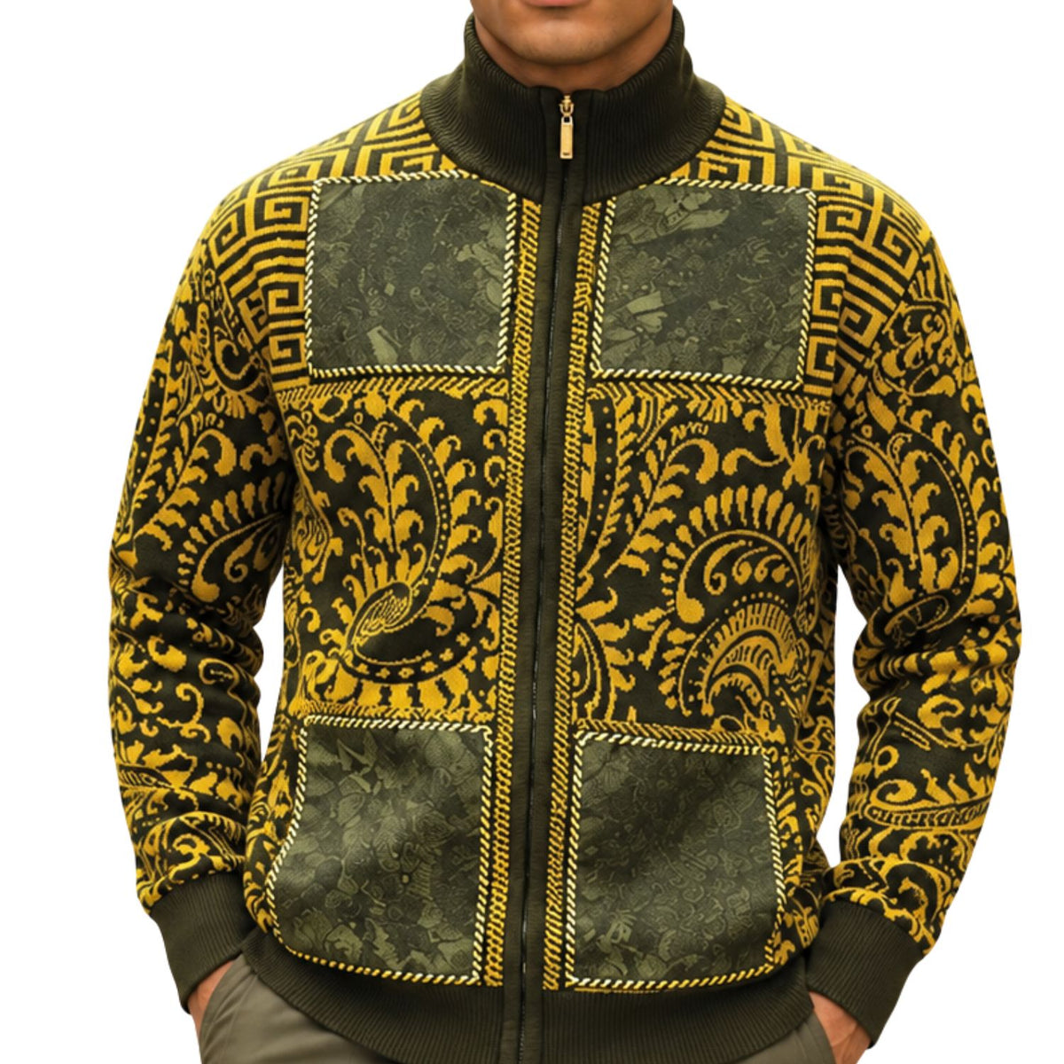 SilverSilk 31018 olive paisley key suede full-zip sweater - detail view