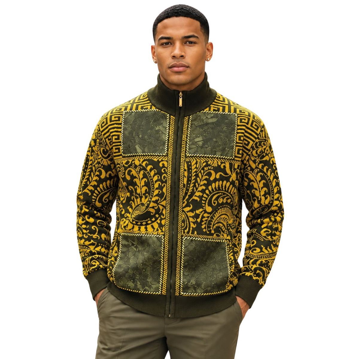 SilverSilk 31018 olive paisley key suede full-zip sweater