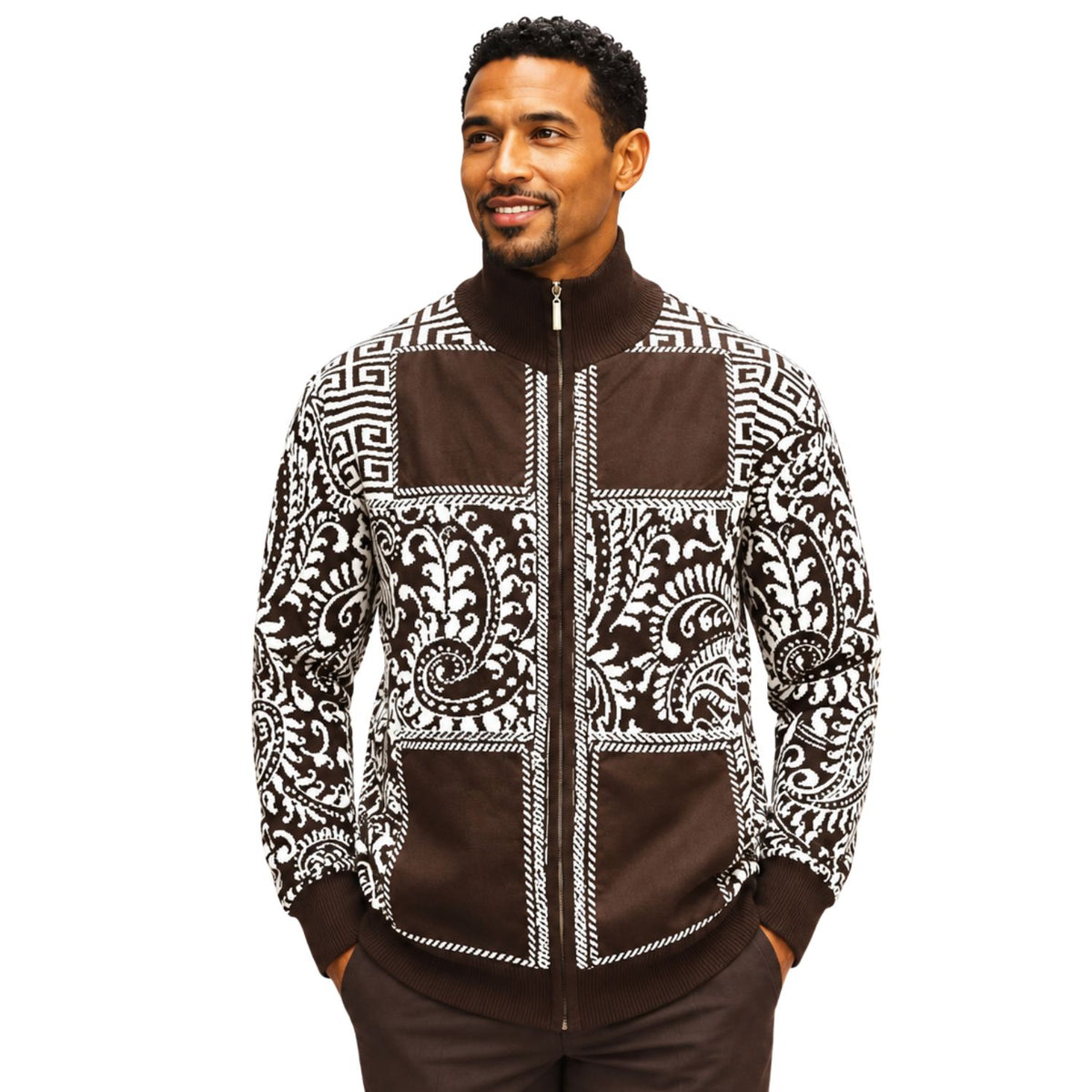 SilverSilk 31018 brown paisley key suede full-zip sweater