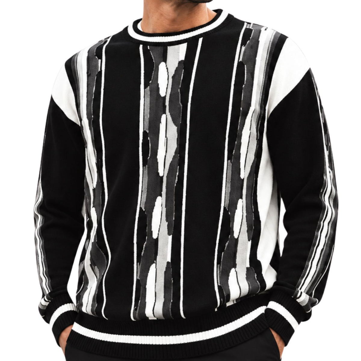 Stacy Adams 32028 black pu trimmed crewneck sweater - detail view