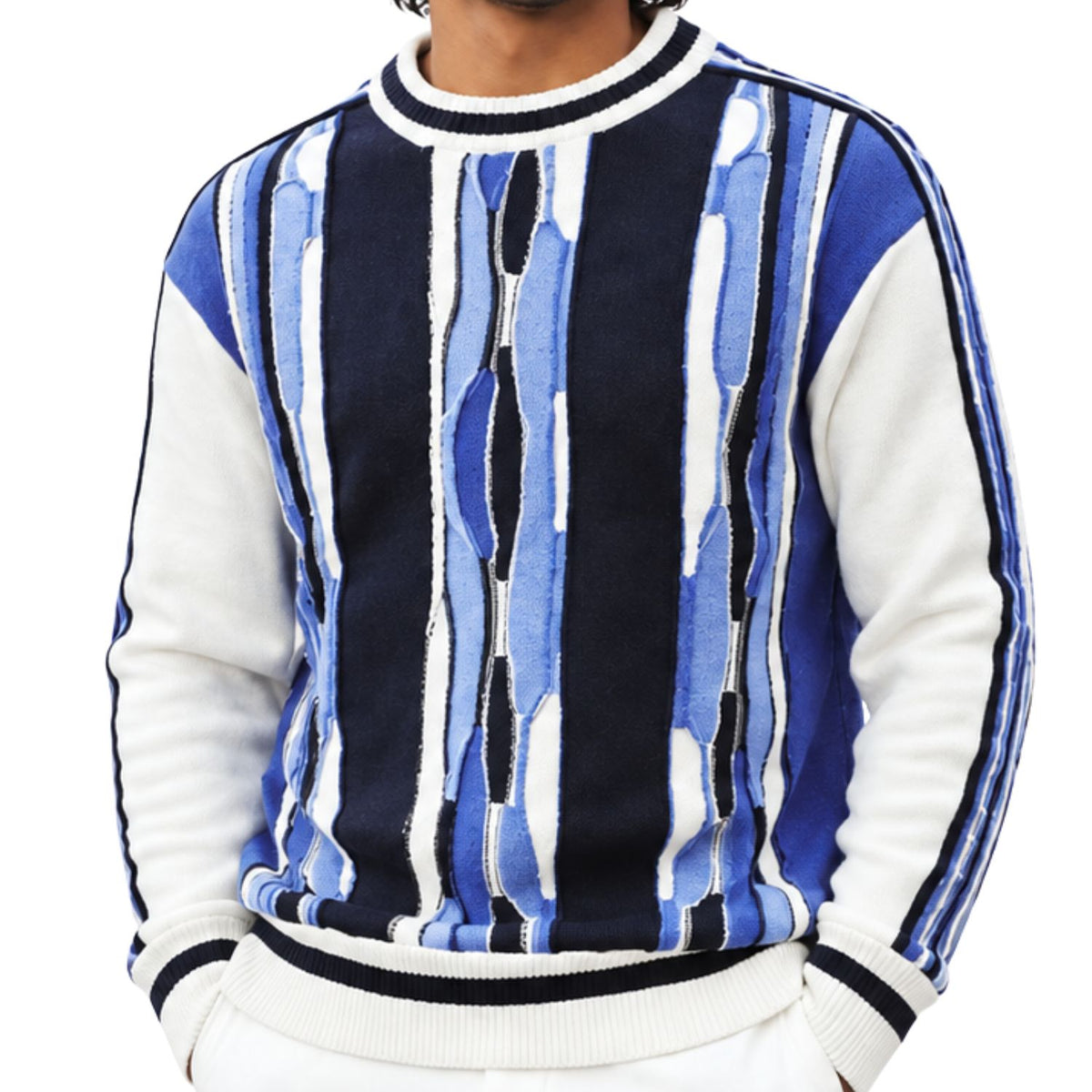 Stacy Adams 32028 navy pu trimmed crewneck sweater - detail view