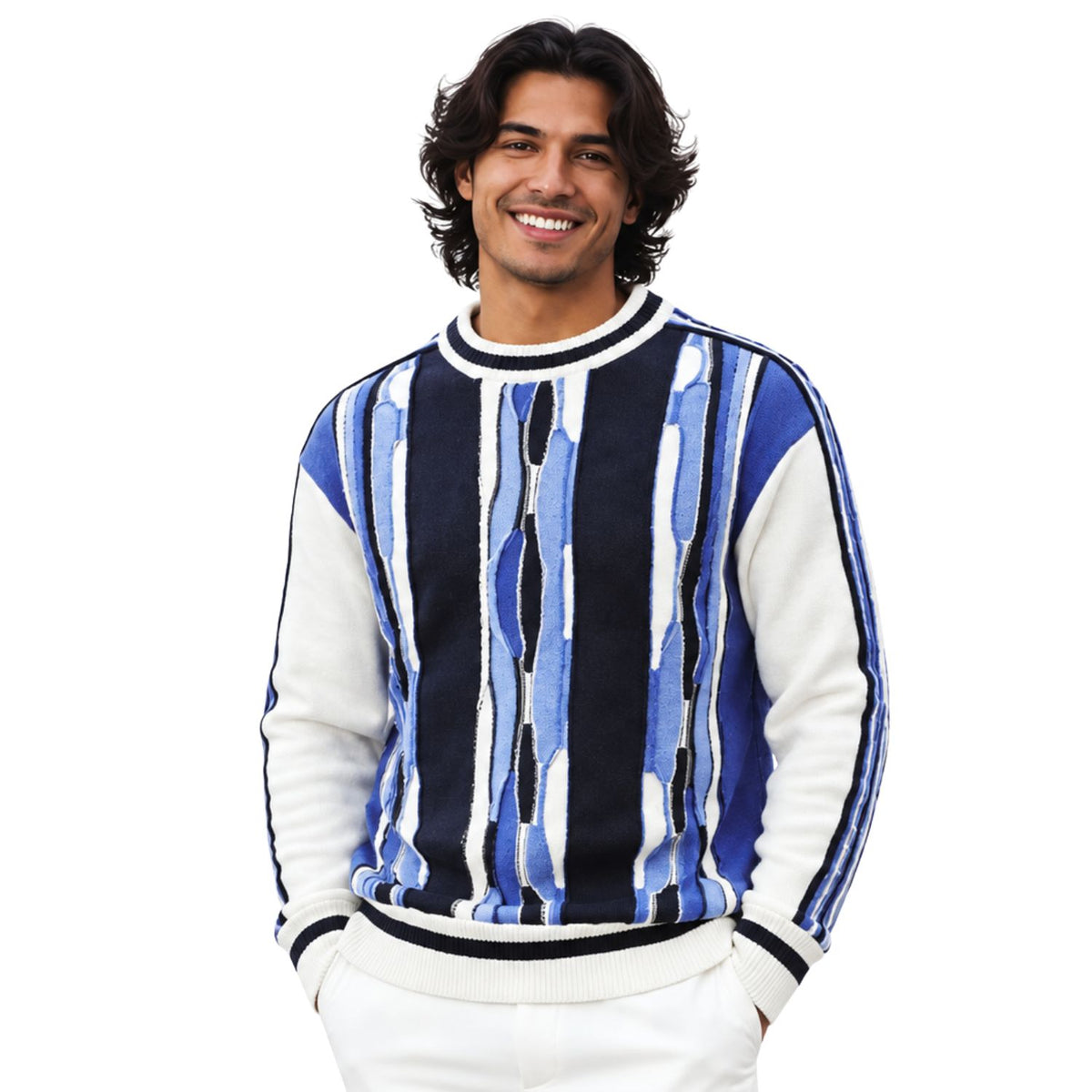 Stacy Adams 32028 navy pu trimmed crewneck sweater