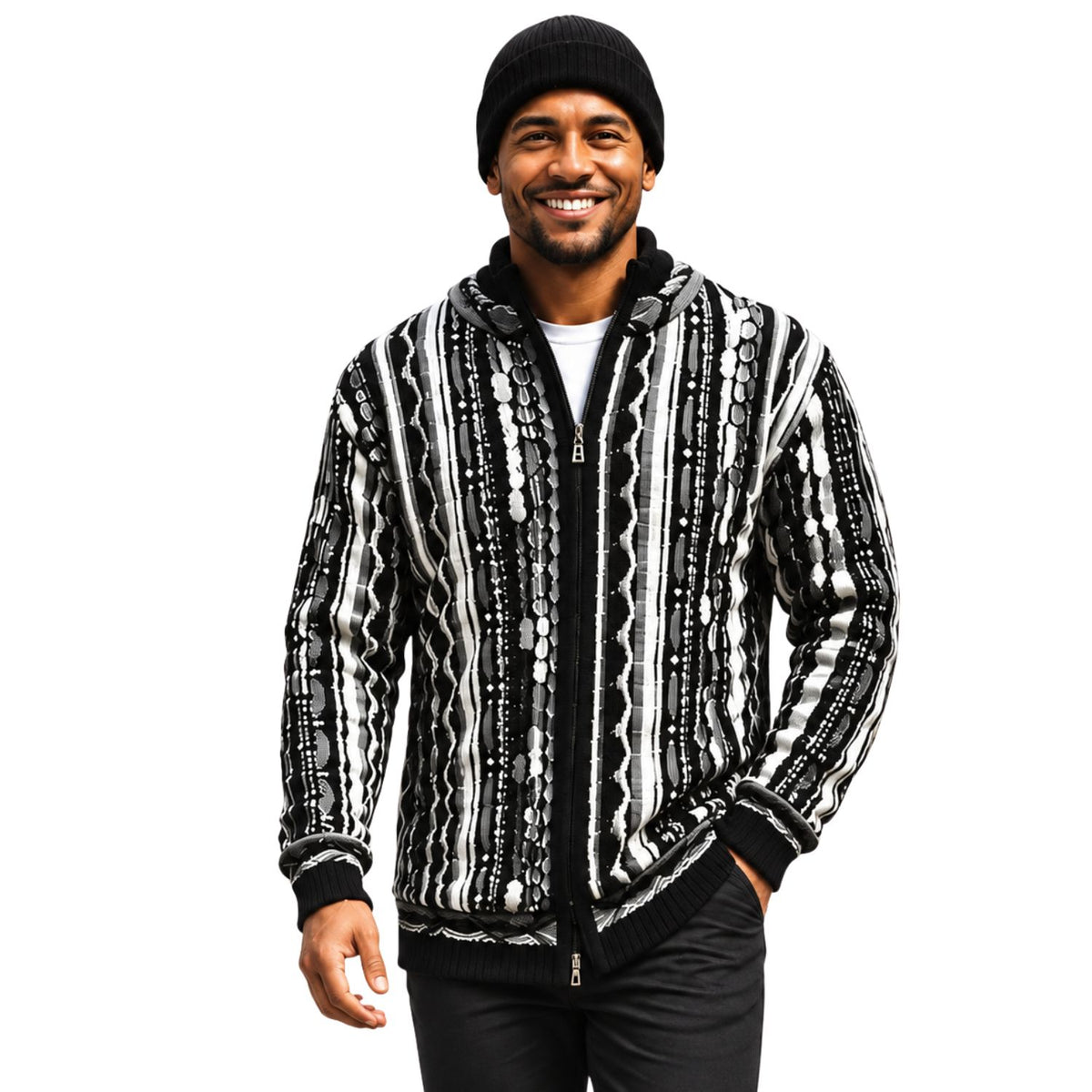 SilverSilk 32030 black mock neck full-zip textured sweater