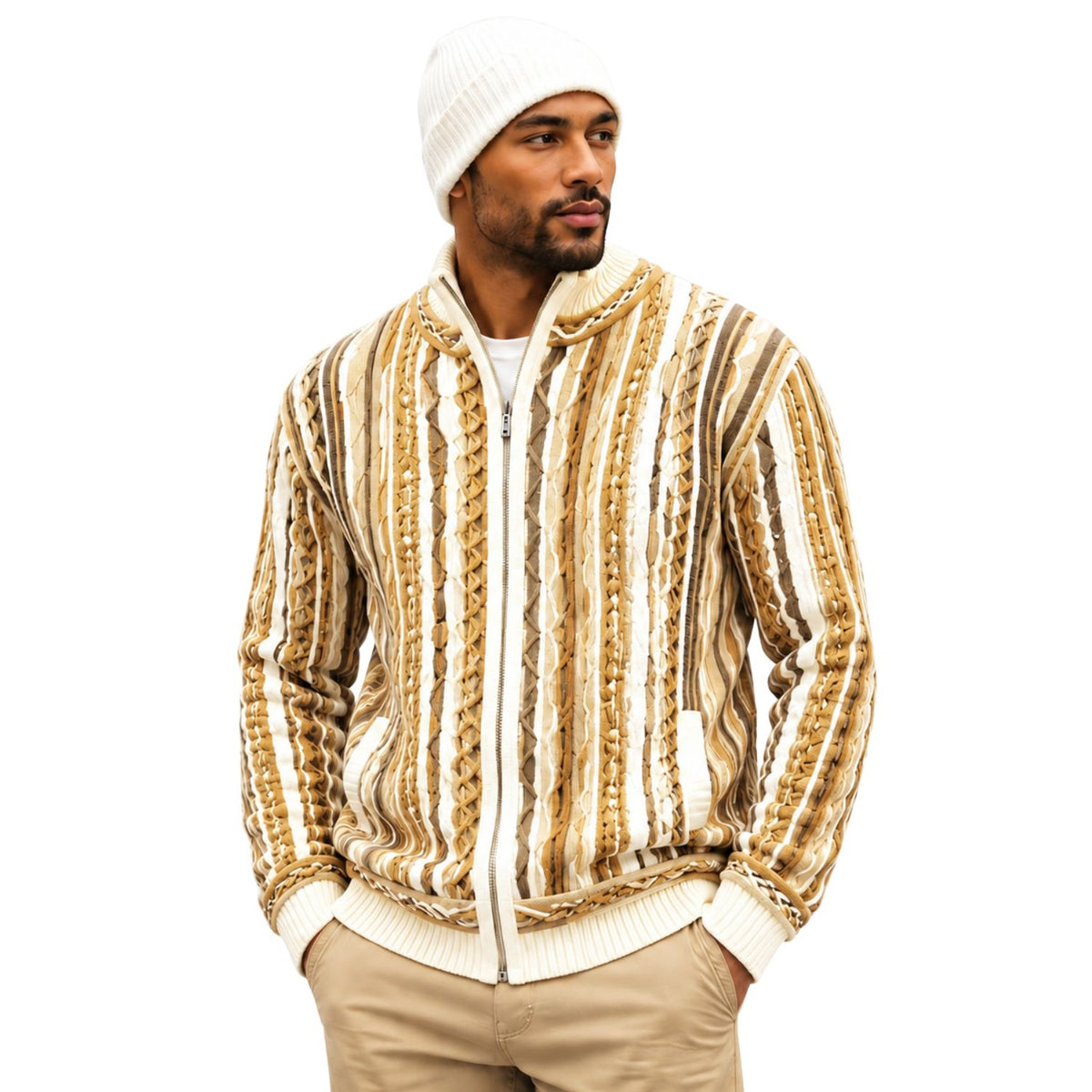 SilverSilk 32030 cream mock neck full-zip textured sweater