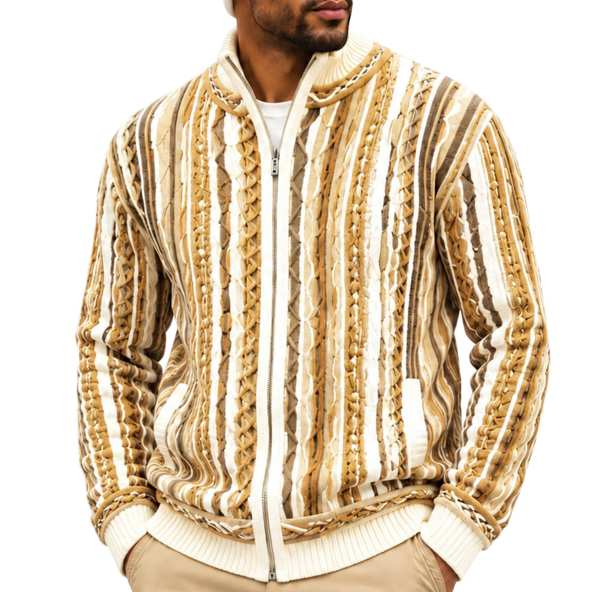 SilverSilk 32030 cream mock neck full-zip textured sweater - detail view