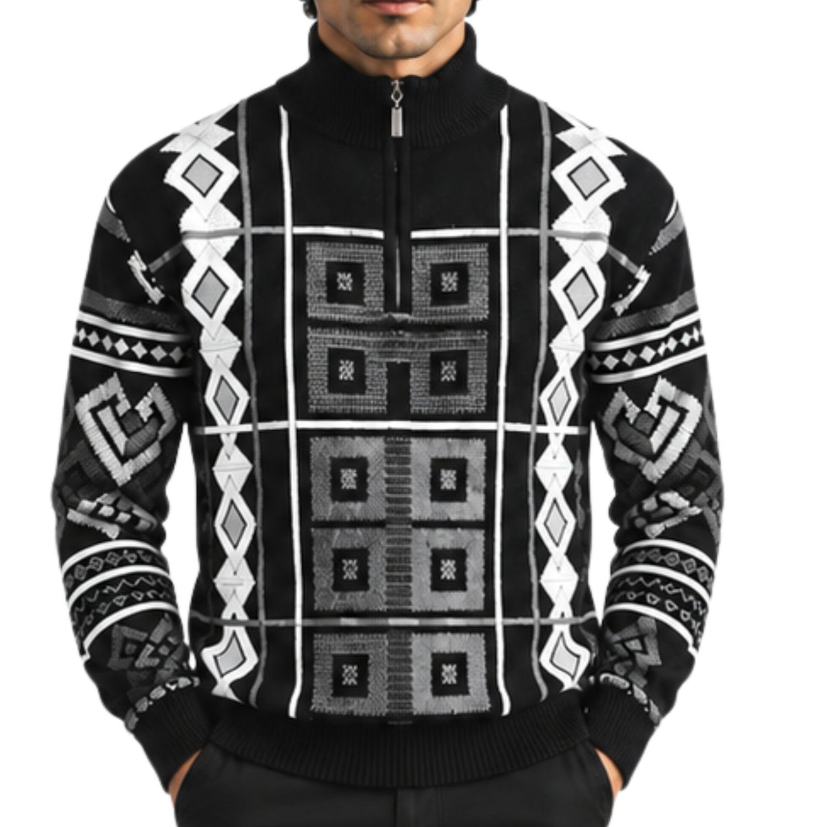 Stacy Adams 32022 black quarter-zip mock neck geometric sweater - detail view
