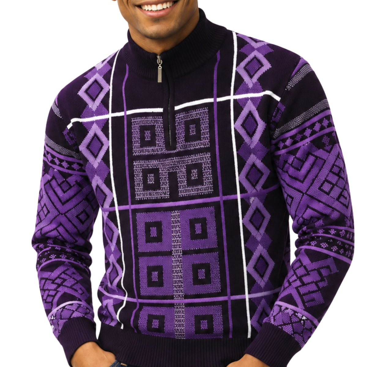 Stacy Adams 32022 purple quarter-zip mock neck geometric sweater - detail view