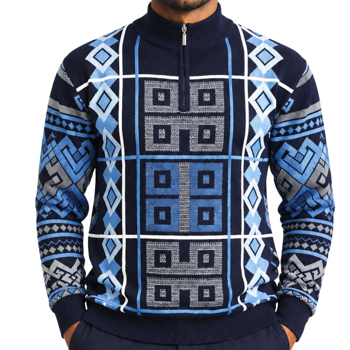 Stacy Adams 32022 navy quarter-zip mock neck geometric sweater - detail view