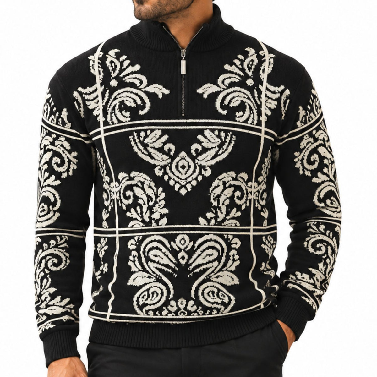 Stacy Adams 32021 grey quarter-zip mock neck window scroll sweater - detail view