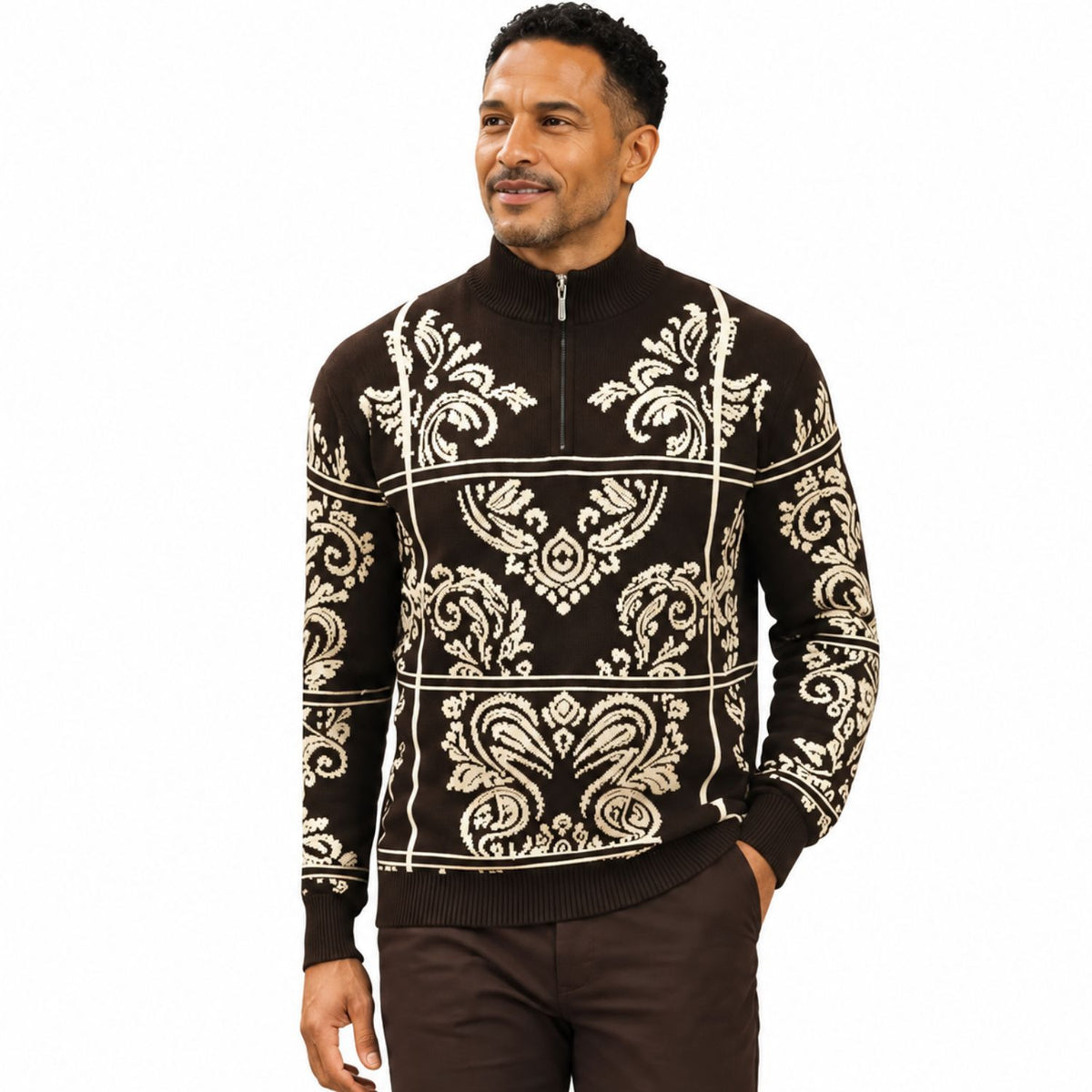Stacy Adams 32021 brown quarter-zip mock neck window scroll sweater