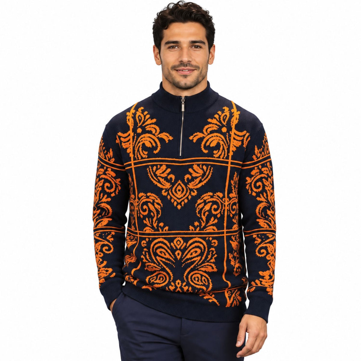 Stacy Adams 32021 navy quarter-zip mock neck window scroll sweater