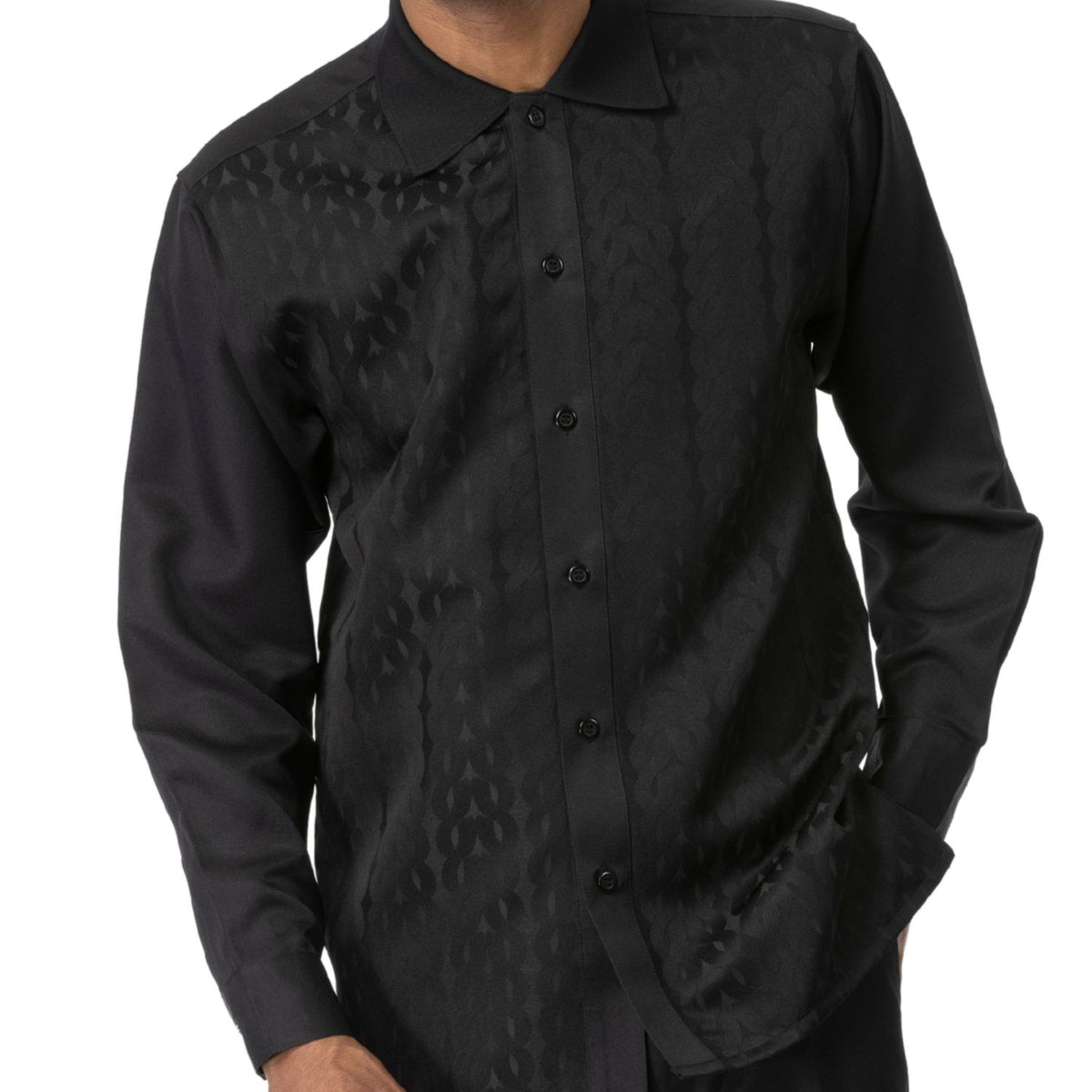 Close-up of the black Montique 2684 shirt showing its tone-on-tone pattern, rounded collar and button front