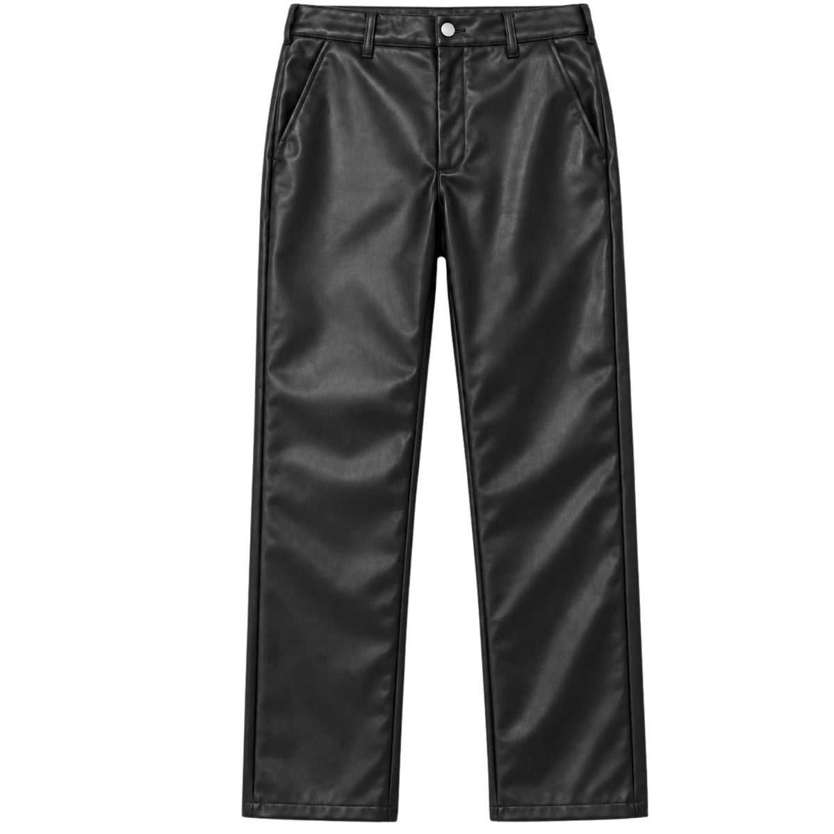 Montique P026 men's black faux leather straight-leg pants, front view