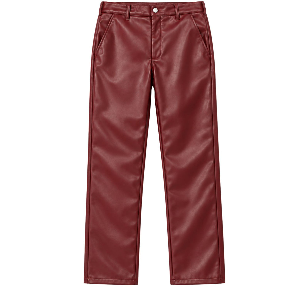 Montique P026 men's burgundy faux leather straight-leg pants, front view