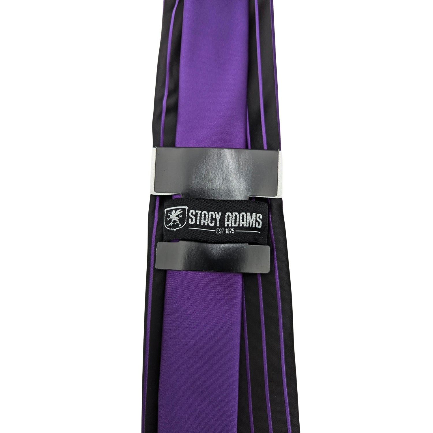 Stacy Adams black and purple pinstripe tie set showing red reverse detail and branded keeper loop