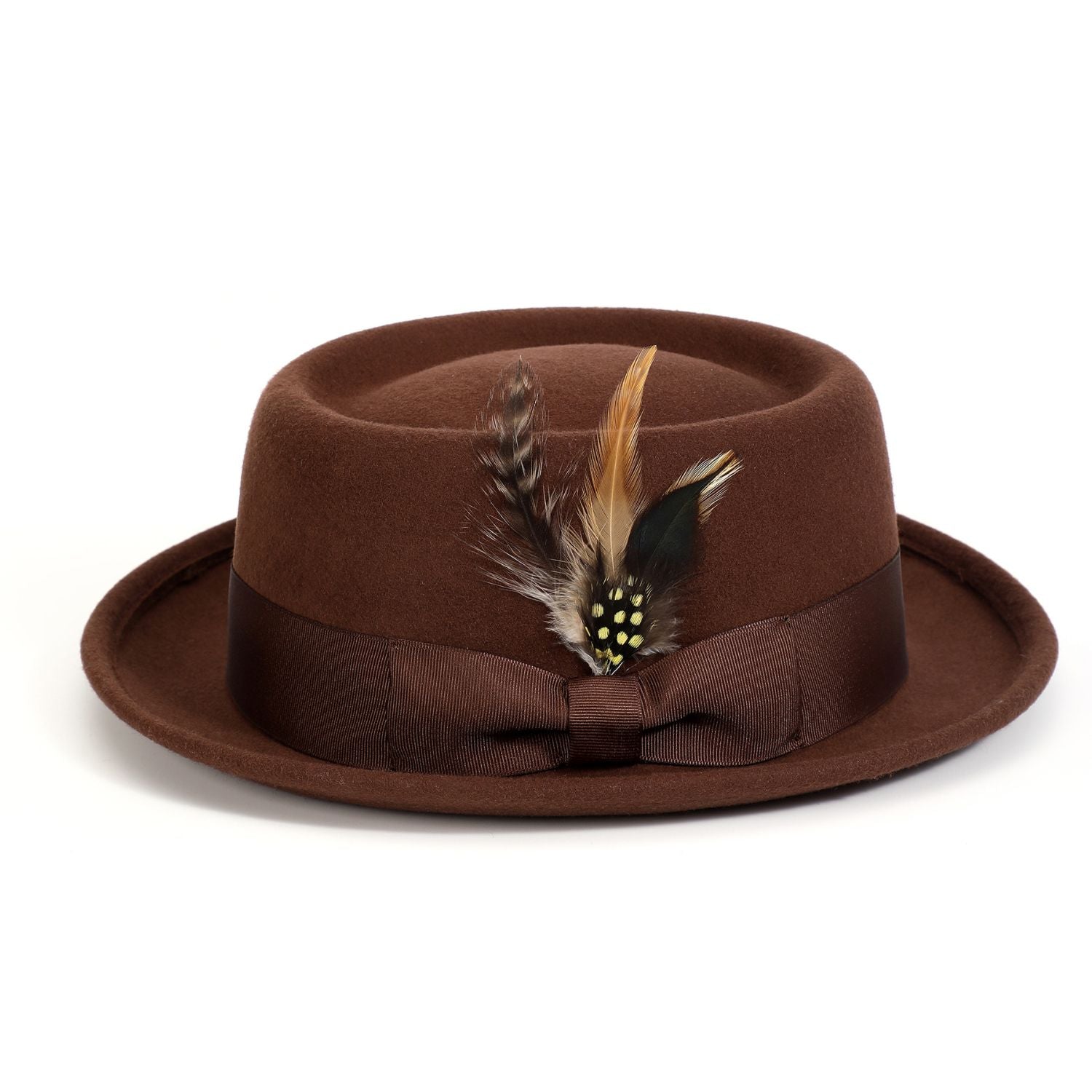 montique brown pork pie hat with short brim and structured crown