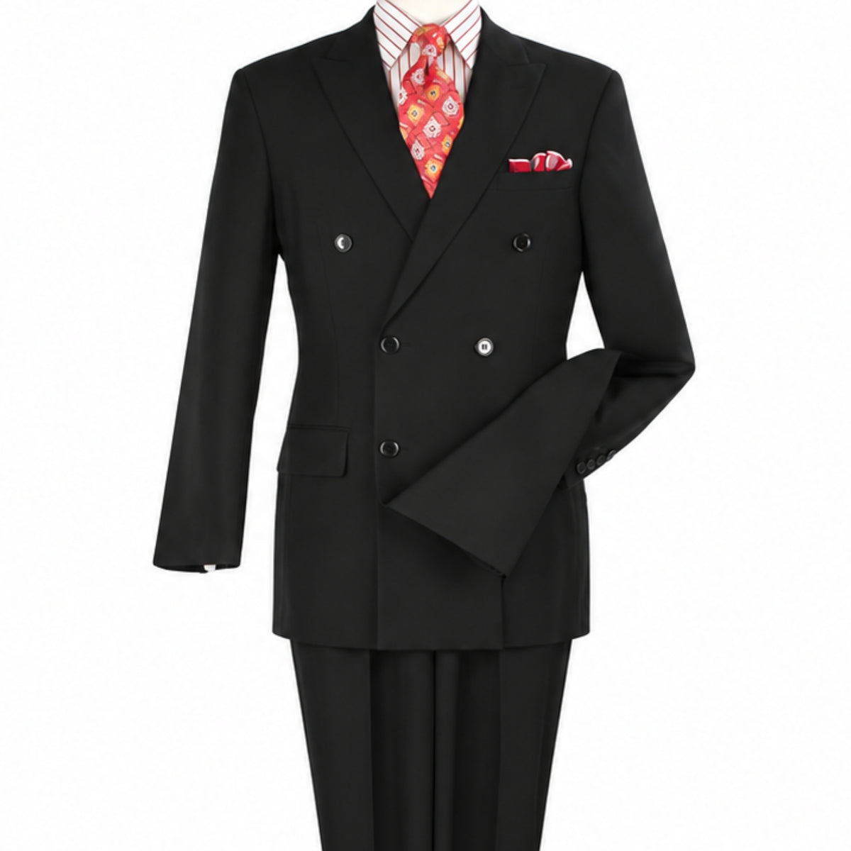 Angled view of men’s black double-breasted suit jacket