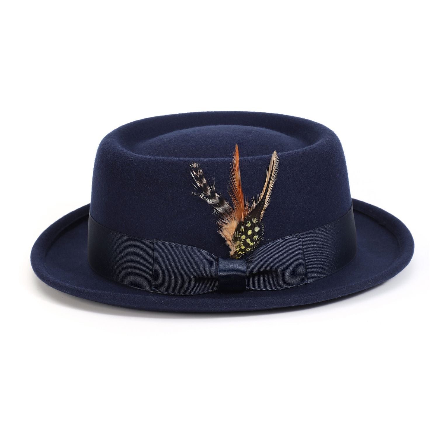 montique navy pork pie hat with short brim and structured crown
