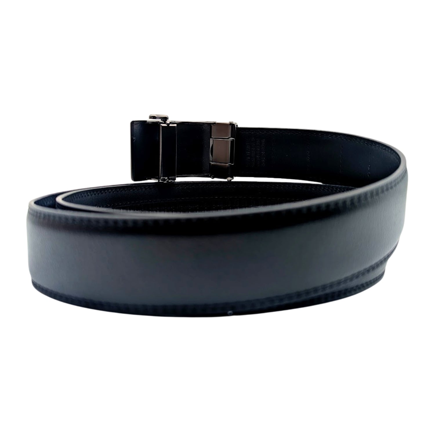 Removable grey and silver plaque buckle on black leather belt