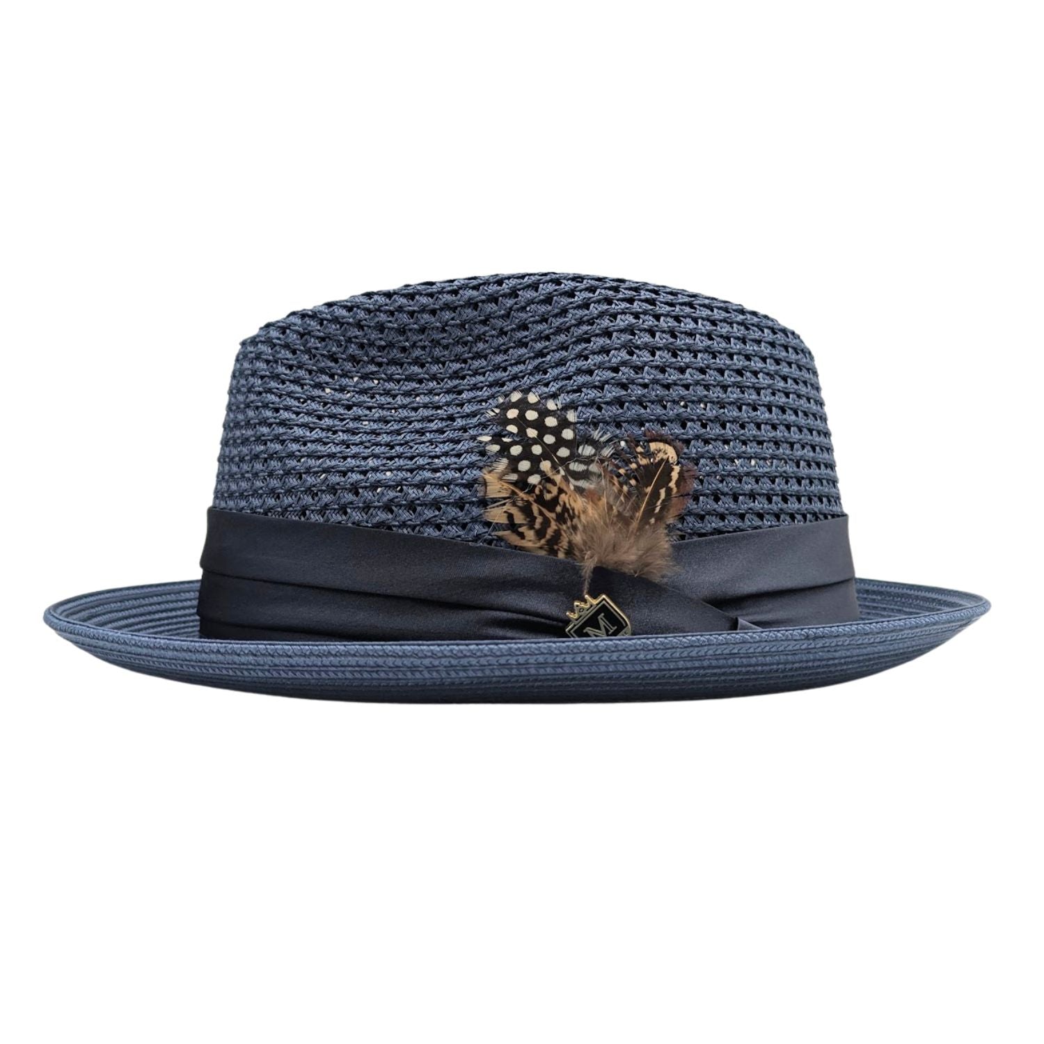 Slate Montique fedora hat side view with open weave crown, satin ribbon band, logo pin, and clean white brim