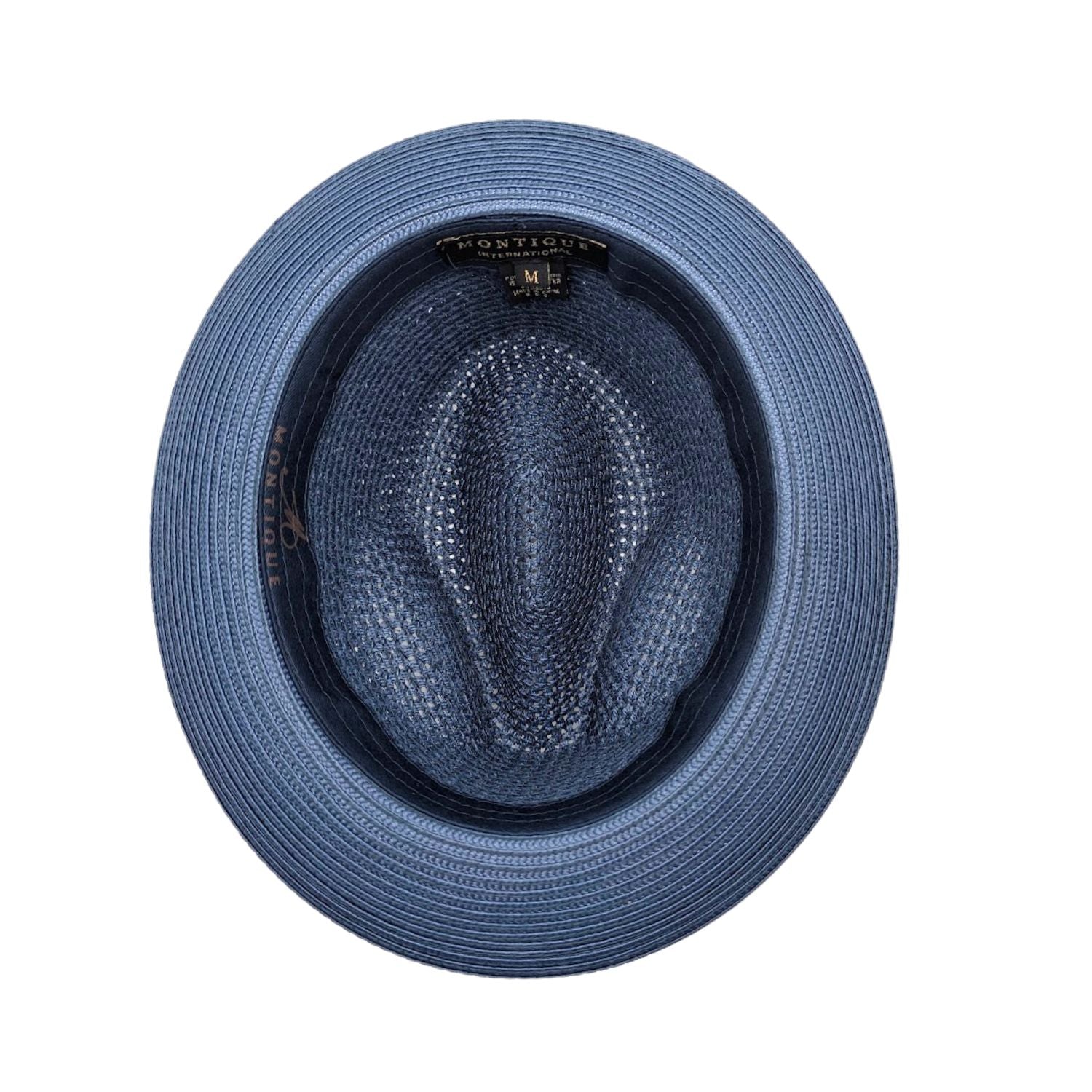 Slate Montique fedora hat interior view with open weave crown, slate sweatband, and branded label