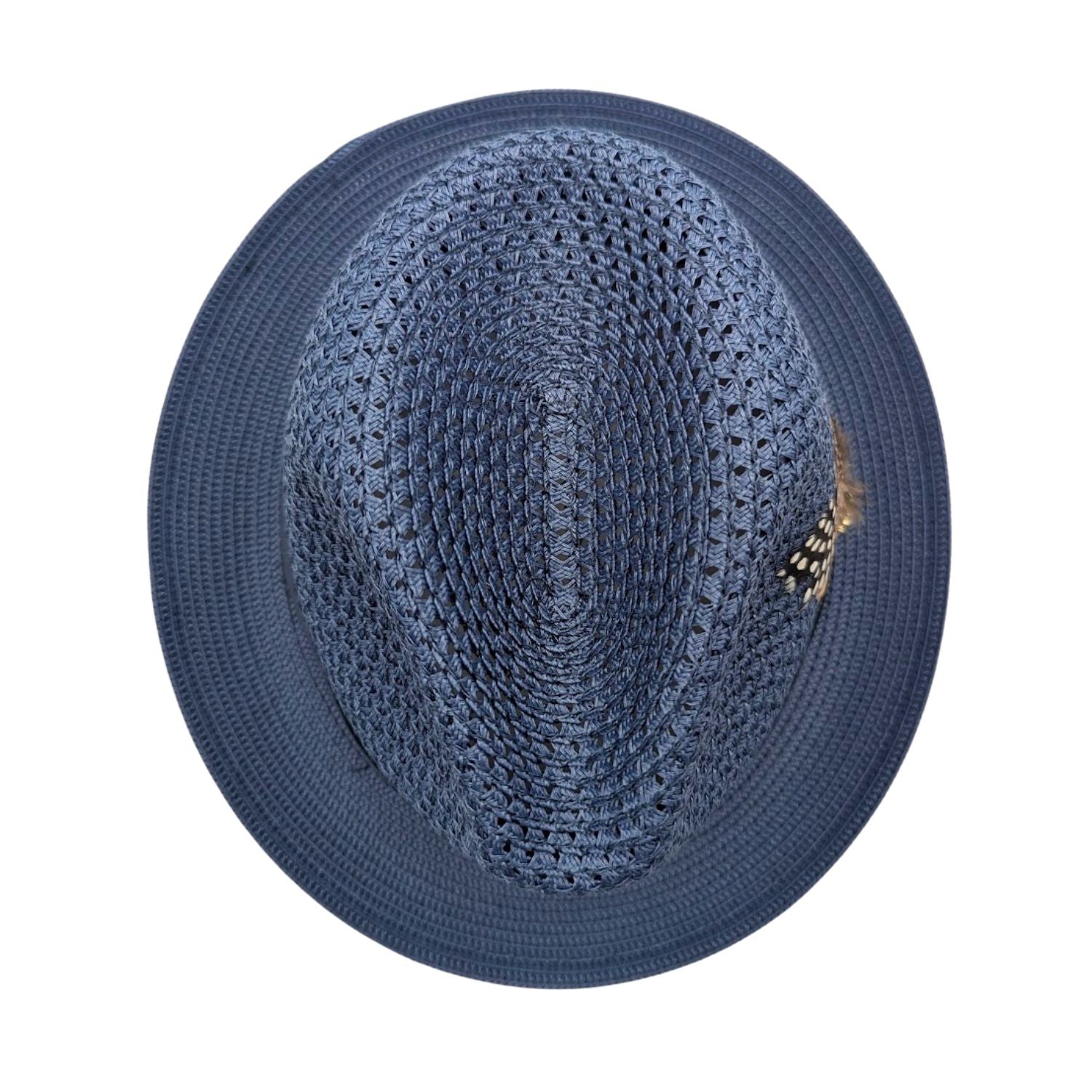 slate Montique fedora hat top view with open woven crown, matching brim, and side feather detail