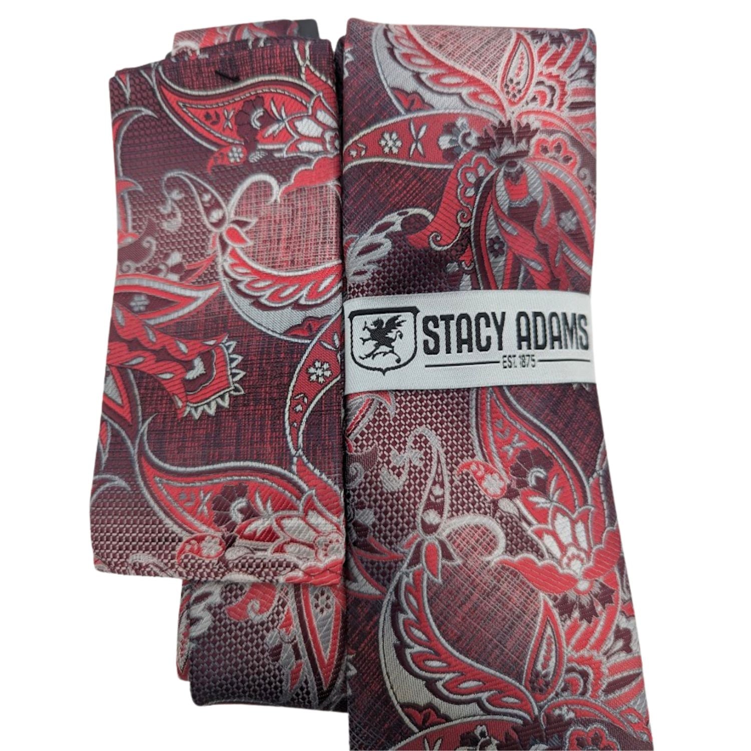 folded burgundy silver paisley necktie with matching pocket square