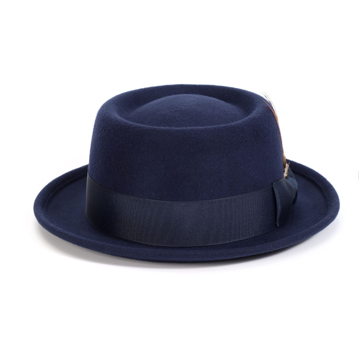front view navy pork pie hat showing crown