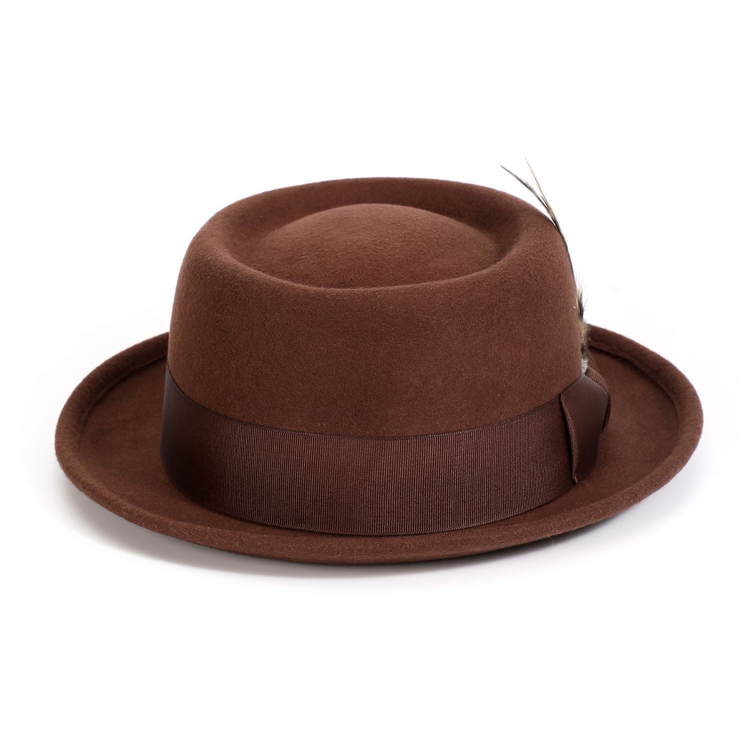 front view brown pork pie hat showing crown