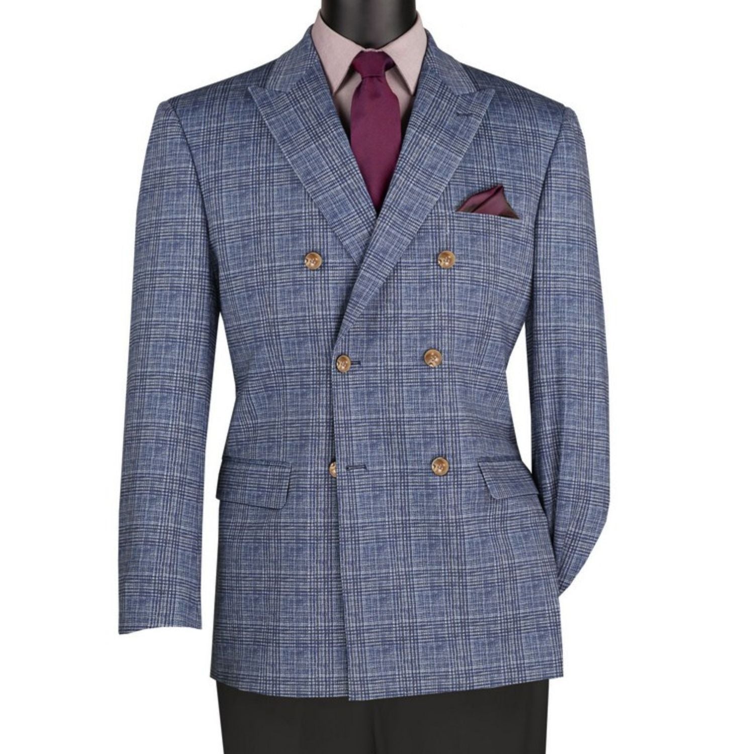Close-up detail of blue windowpane plaid blazer fabric and double-breasted front