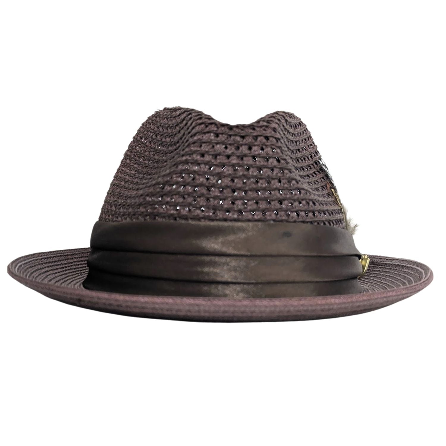 Brown Montique fedora hat front view with open weave crown, layered satin ribbon band, and wide brim