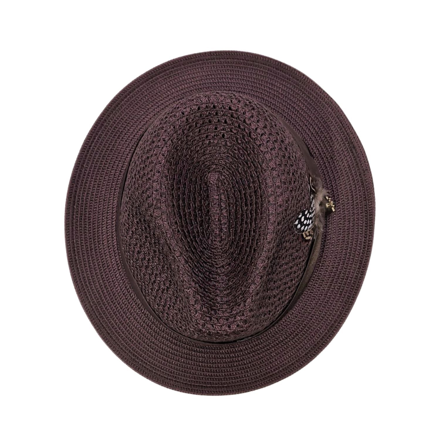 Brown Montique fedora hat top view showing open weave crown, wide brim, and side feather accent
