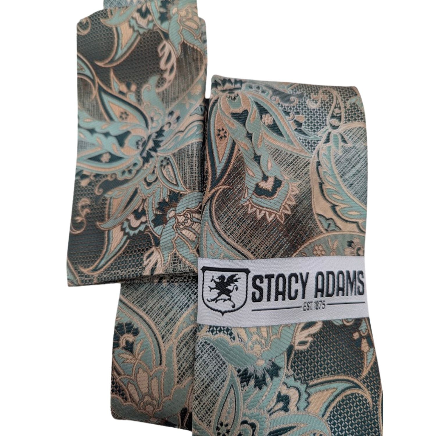 folded aquamarine taupe paisley necktie with matching pocket square
