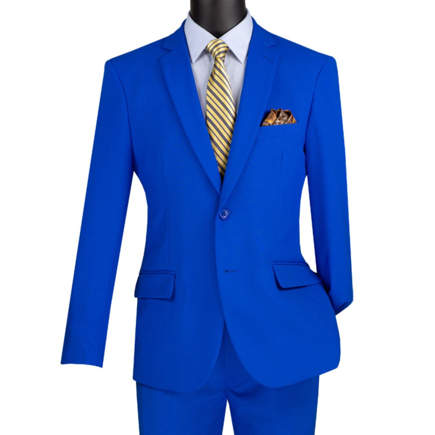 Close-up detail of royal solid color slim fit suit fabric and jacket front